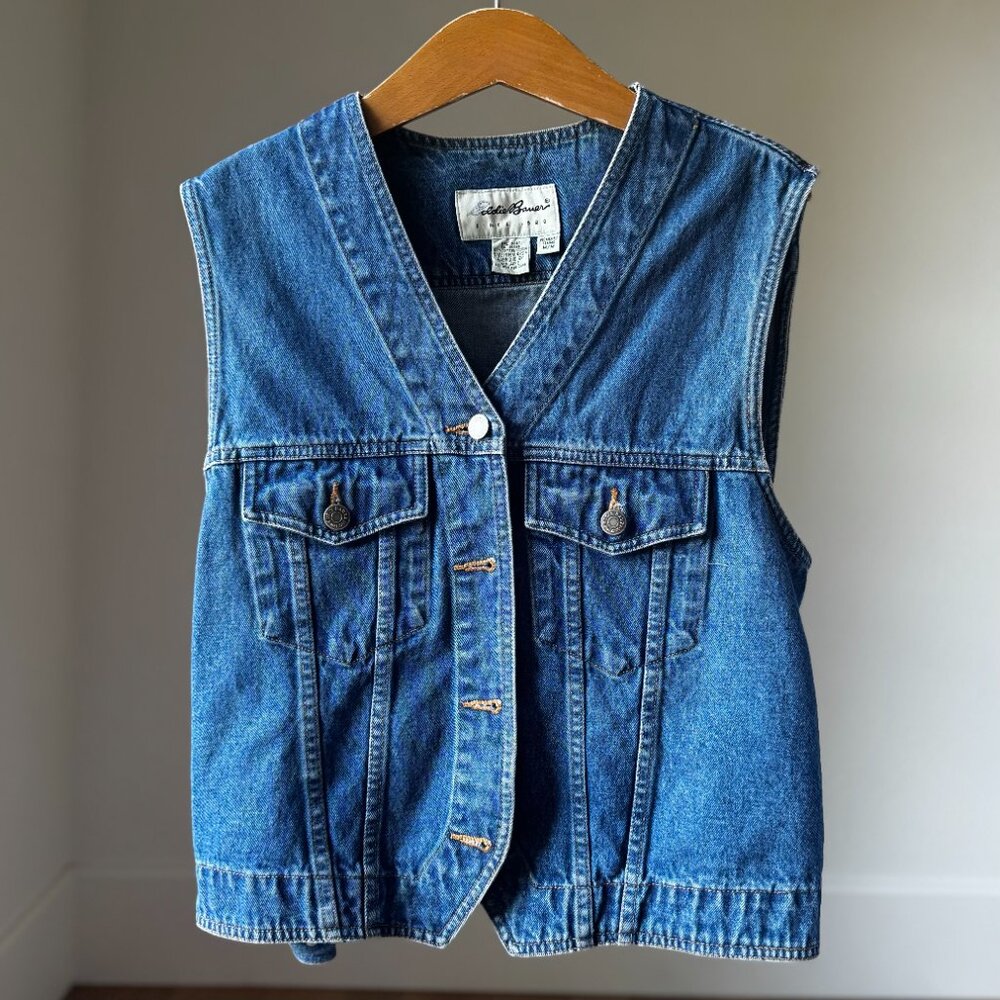 Vintage Eddie Bauer 80s 90s Denim Vest Unisex Jean Jacket Soft Dark Wash  Y2k